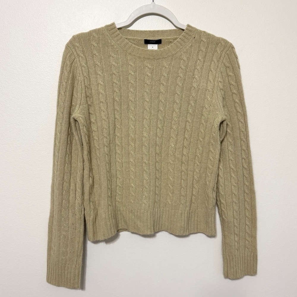 J. Crew Cashmere Wool Blend Cable Knit Sweater Size Medium Green Lightweight